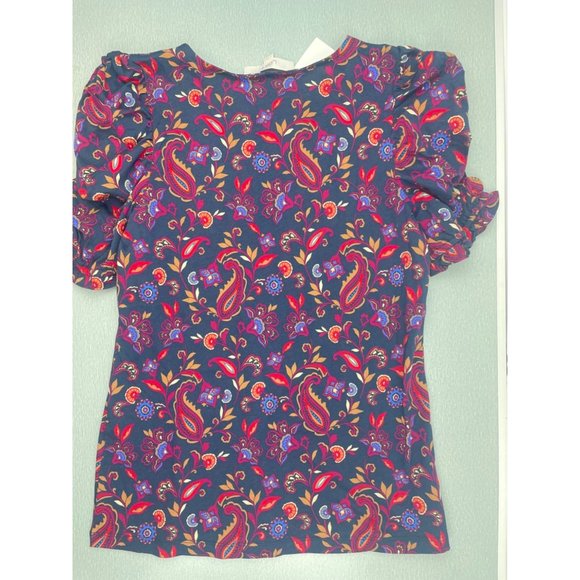 LOFT Women Paisley Ruffle Cinched Sleeve V-Neck Top Small - Picture 7 of 16
